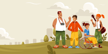 Outdoor cartoon scene of diverse people in field backgroundのイラスト素材