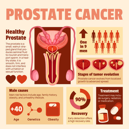 A medical infographic presents prostate diagram tumour evolution stages age obesity genetics icons and recovery percentage in flat cartoon styleのイラスト素材