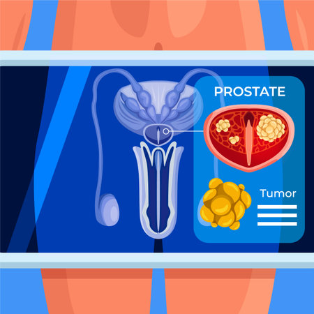 A composition shows male genitourinary anatomy with prostate section highlighted tumour cell cluster and blue background stage in flat cartoon styleのイラスト素材