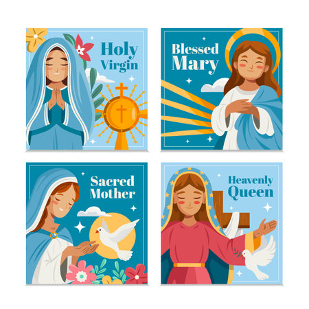 Four square card layouts each showing a virgin mary figure in different poses with icons like cross dove halo and decorative floral backgrounds in flat cartoon styleのイラスト素材