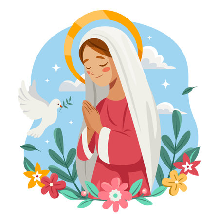A centered female figure dressed in red robe stands in prayer pose with halo and white doves around and golden rays behind on a soft sky background in flat cartoon styleのイラスト素材