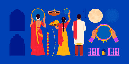 A dual scene features a couple facing the moon on the left and ritual elements such as hands with sieve offerings and decorations on the right in flat styleのイラスト素材