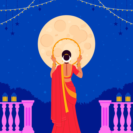 A composition features a woman holding a decorated sieve above her head against a large circle representing moon in flat styleのイラスト素材