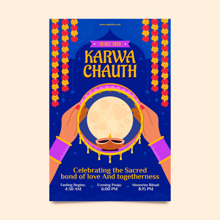 A poster design shows a couple standing with a tray of ritual items beneath a full moon and floral garlands on a blue background in flat styleのイラスト素材