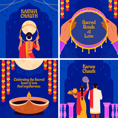 A two by two grid layout shows four distinct scenes including the moon a decorated sieve a tray of offerings and a couple all in flat styleのイラスト素材