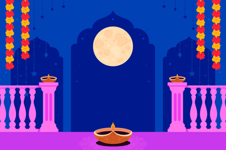 A background scene shows a full moon hanging above a balcony with two lit oil lamps and red orange flower garlands on a blue background in flat styleのイラスト素材