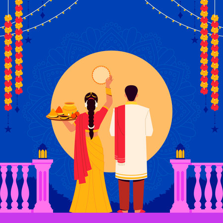 A composition shows a woman in a yellow sari holding a tray of offerings standing beside a man both facing a full moon above a balcony in flat styleのイラスト素材