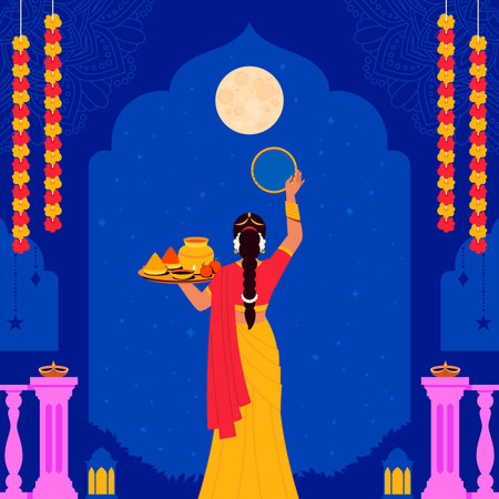 A square layout shows an oil lamp (diya) placed on a mandala base under a full moon with flower garlands hanging on either side in flat styleのイラスト素材
