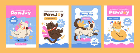 A series of small illustrations shows cats dogs birds fish bowls bones and yarn balls scattered on a yellow background flat cartoonのイラスト素材