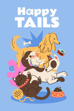 A blue panel shows a dog cat parrot and fish alongside a bone ball and paw print with text space above flat cartoonのイラスト素材