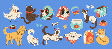 A large set shows cats dogs birds fish bone food bowls toys and paws arranged together on a blue background flat cartoonのイラスト素材