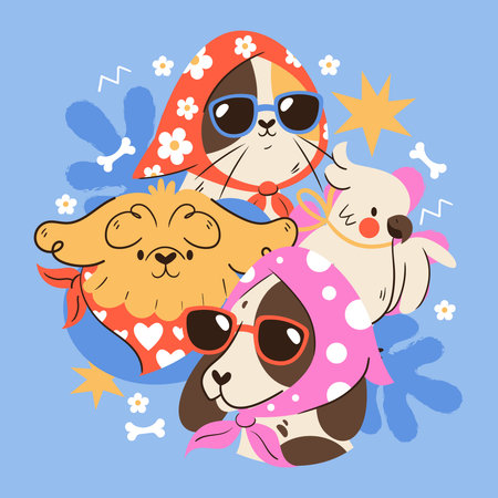 A composition shows a dog standing beside a cat a parrot perched and a fish bowl with a fish inside on turquoise background flat cartoonのイラスト素材