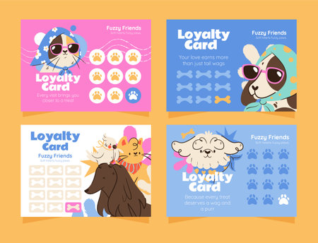 A set of four horizontal card layouts shows pet loyalty themes with dog cat bird paw prints bone icons and text blocks flat cartoonのイラスト素材