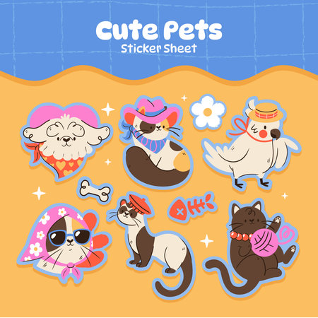 A sticker sheet shows cats dogs birds bone icons paw prints and food bowls with bold outlines on orange and blue backgrounds flat cartoonのイラスト素材