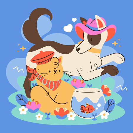 A dog wearing a hat a cat with glasses a bird and a fish bowl with fish surrounded by hearts and stars on blue background flat cartoonのイラスト素材