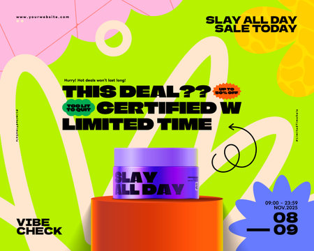 A wide banner shows vibrant shapes arrows and bold text on green and orange background flat cartoonのイラスト素材