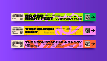 Colorful wristbands with event names dates and QR codes displayed against a purple background in flat graphic design styleのイラスト素材