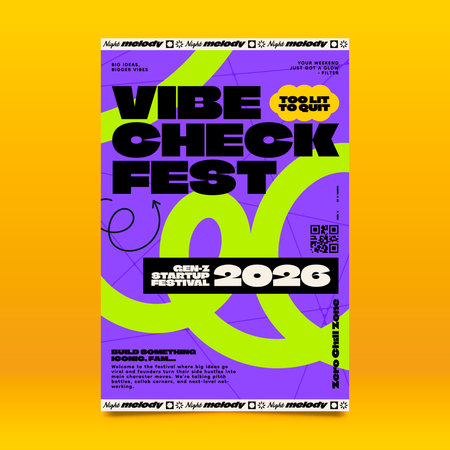 A poster shows the words vibe check fest 2026 big green twenty six numbers and purple background flat cartoonのイラスト素材