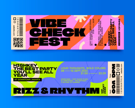 A set of three horizontal tickets shows event text bar codes qr codes and vibrant colored backgrounds flat cartoonのイラスト素材