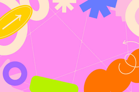 A composition displays arrows circles ovals star bursts and abstract icons on pink background flat cartoonのイラスト素材