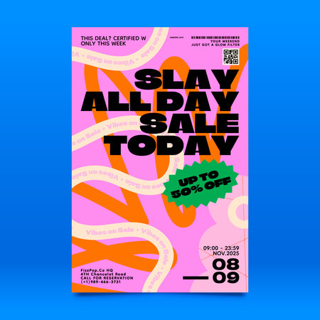 A poster shows large black headline text star burst shapes rings and accent graphics on pink background flat cartoonのイラスト素材