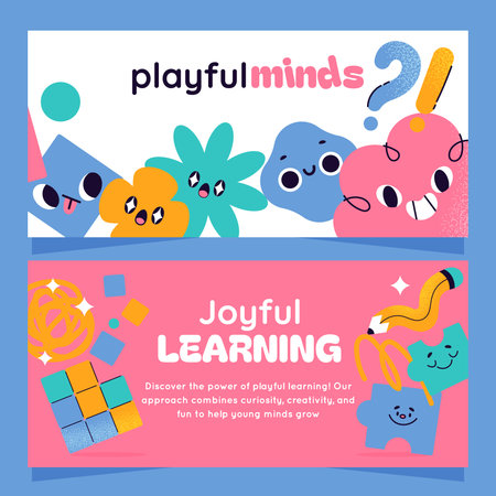 A pair of horizontal banners each showing cheerful character shapes bright typography and puzzle icons on colored backgrounds flat cartoonのイラスト素材