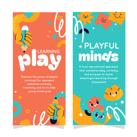 Two vertical banners each showing cartoon characters pencils question marks and puzzle icons on vibrant backgrounds flat cartoonのイラスト素材