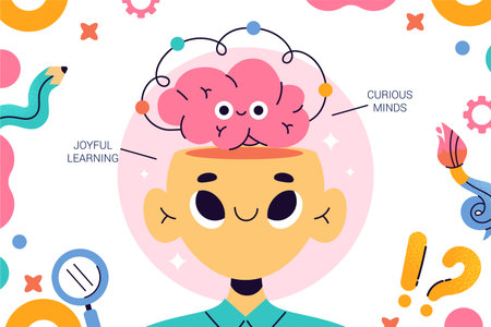 A child character with a large pink brain surrounded by floating creative learning icons including puzzle pieces brush lightbulb and abstract shapes in cartoon styleのイラスト素材