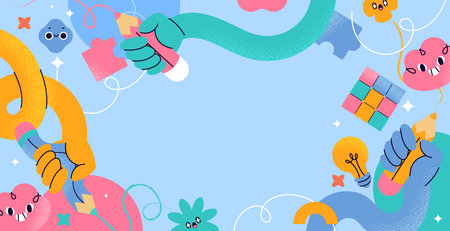 A background with abstract colorful shapes a pencil swirl star bursts and cheerful icons on light blue background flat cartoonのイラスト素材