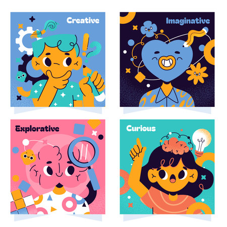 A card set layout showing cartoon children faces puzzle pieces magnifier pencils and star shapes on colored backgrounds flat cartoonのイラスト素材