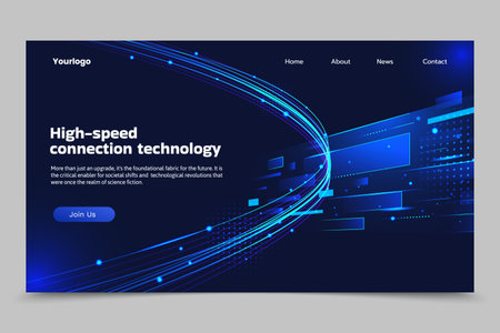 The image shows a website landing page layout featuring a headline button menu and large curved glowing blue digital lines on a dark background in a landing page illustration styleのイラスト素材
