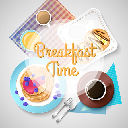 Sweet morning template with pancakes chocolate and berries ingredients honey hot drinks vector illustrationのイラスト素材