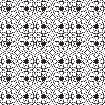 Abstract geometric seamless pattern with circles and simple flowers of repeating structure in monochrome style vector illustrationのイラスト素材