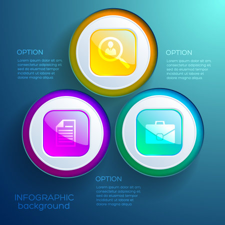 Business infographic web design concept with three options colorful glossy buttons and icons isolated vector illustrationのイラスト素材