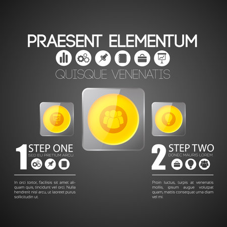 Business infographic concept with orange round buttons in gray glass square frames and icons vector illustrationのイラスト素材