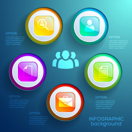 Infographic chart concept with five options business icons colorful circles and glossy square buttons isolated vector illustrationのイラスト素材
