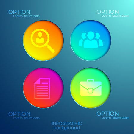 Abstract infographic concept with four options colorful round buttons and icons on light background isolated vector illustrationのイラスト素材