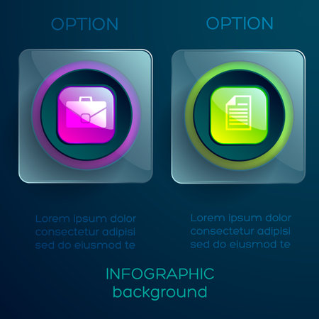 Abstract infographic concept with text two glass transparent squares glossy colorful buttons and icons isolated vector illustrationのイラスト素材