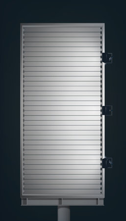 Blank advertising vertical billboard on metallic column with projectors on dark background isolated vector illustrationのイラスト素材