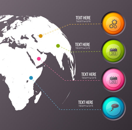 Infographic business composition of earth globe silhouette connected with four colorful interface buttons with pictograms vector illustrationのイラスト素材