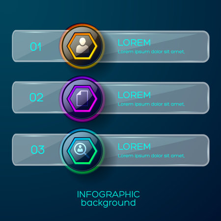 Infographic background concept with three numerical glossy frames with icons text description and solid horizontal shape vector illustrationのイラスト素材