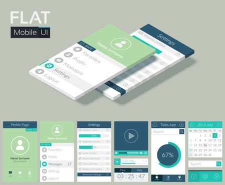 Flat UI template with screens icons web buttons and elements for mobile design vector illustrationのイラスト素材