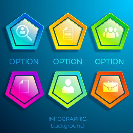 Business infographic template with six glossy colorful light hexagons and icons on blue background isolated vector illustrationのイラスト素材