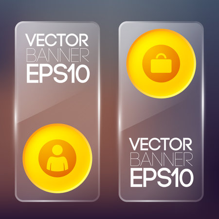 Web glass vertical banners with orange round buttons and business icons isolated vector illustrationのイラスト素材