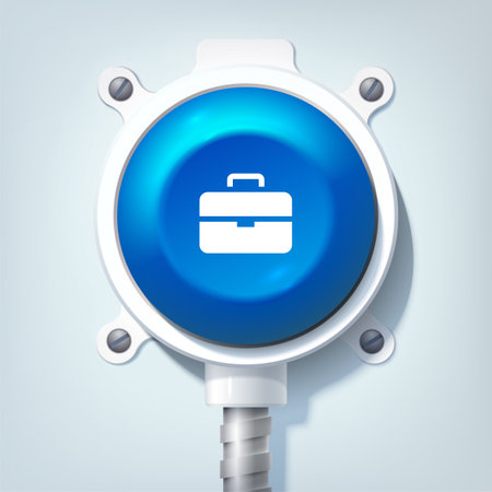 Business design concept with briefcase icon and blue round button on metal pole isolated vector illustrationのイラスト素材