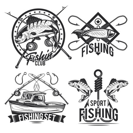 Set of fishing emblems, labels, badges, logos. Isolated on whiteのイラスト素材