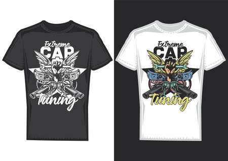 T-shirt design samples with illustration of car tuning on dusty background.のイラスト素材