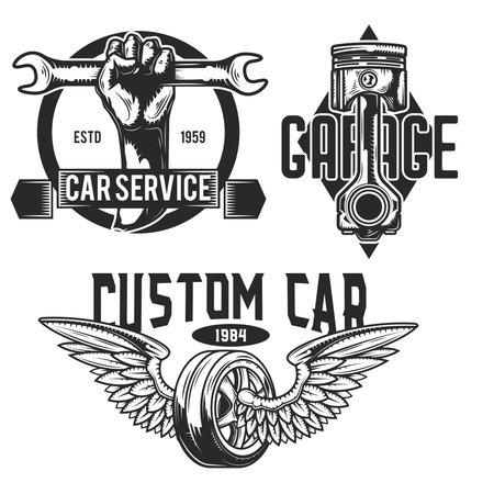 Set of car service emblems, labels, badges, logos. Isolated on white.のイラスト素材
