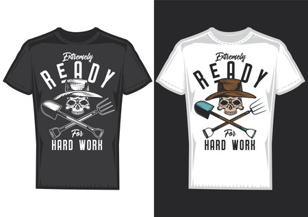 T-shirt design samples with illustration of a farmer with a shovel.のイラスト素材