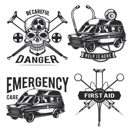 Set of emergency emblems, labels, badges, logos. Isolated on whiteのイラスト素材